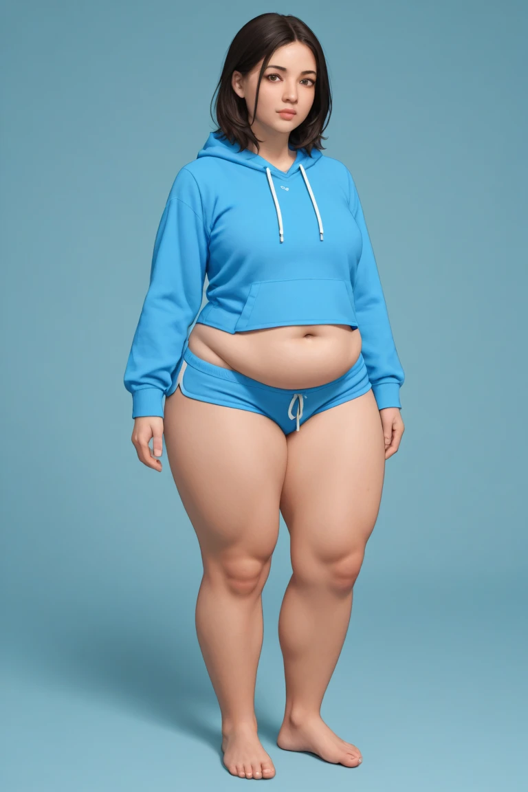 absurdres,, (1girl:1.2),  (abs:1.23),huge_breasts、unity  Dynamism,forward leaning posture、(Blue hair)、spread legs、she looks away, Loose-fitting clothing、Blurred Background、Sagging breasts、(white background:1.5)、A happy look、Plump body、Sitting、Legs crossed、(black clothes:1.5)、NIKE sneakers、Sneaker commercial、(Close up on sneakers:1.55)、Photorealistic、Japanese、The Beauty of the Japan、Very Short Hair、Boyish Girl、