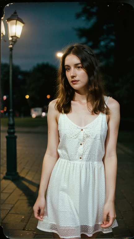 polaroid photo, night photo, photo of 22 y.o beautiful woman, pale skin, bokeh, motion blur, gray eyes, cat ear head band, pink dress
