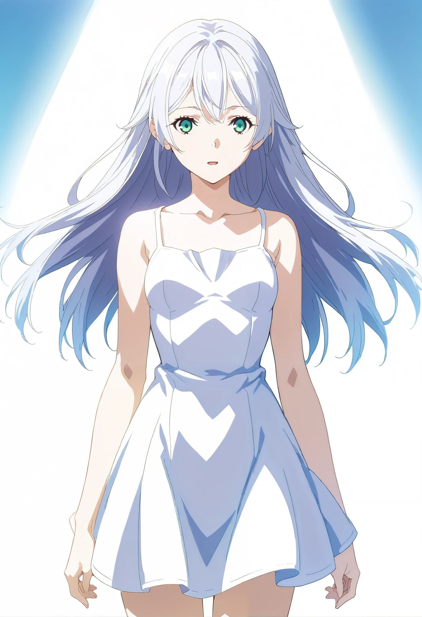 1girl, Female Elves (White dress 3.4) feet bare small WHITE HAIR A girl Standing Masterpiece, Anatomically correct, (Green Eye 5.5) From Suave Anime CG Art,