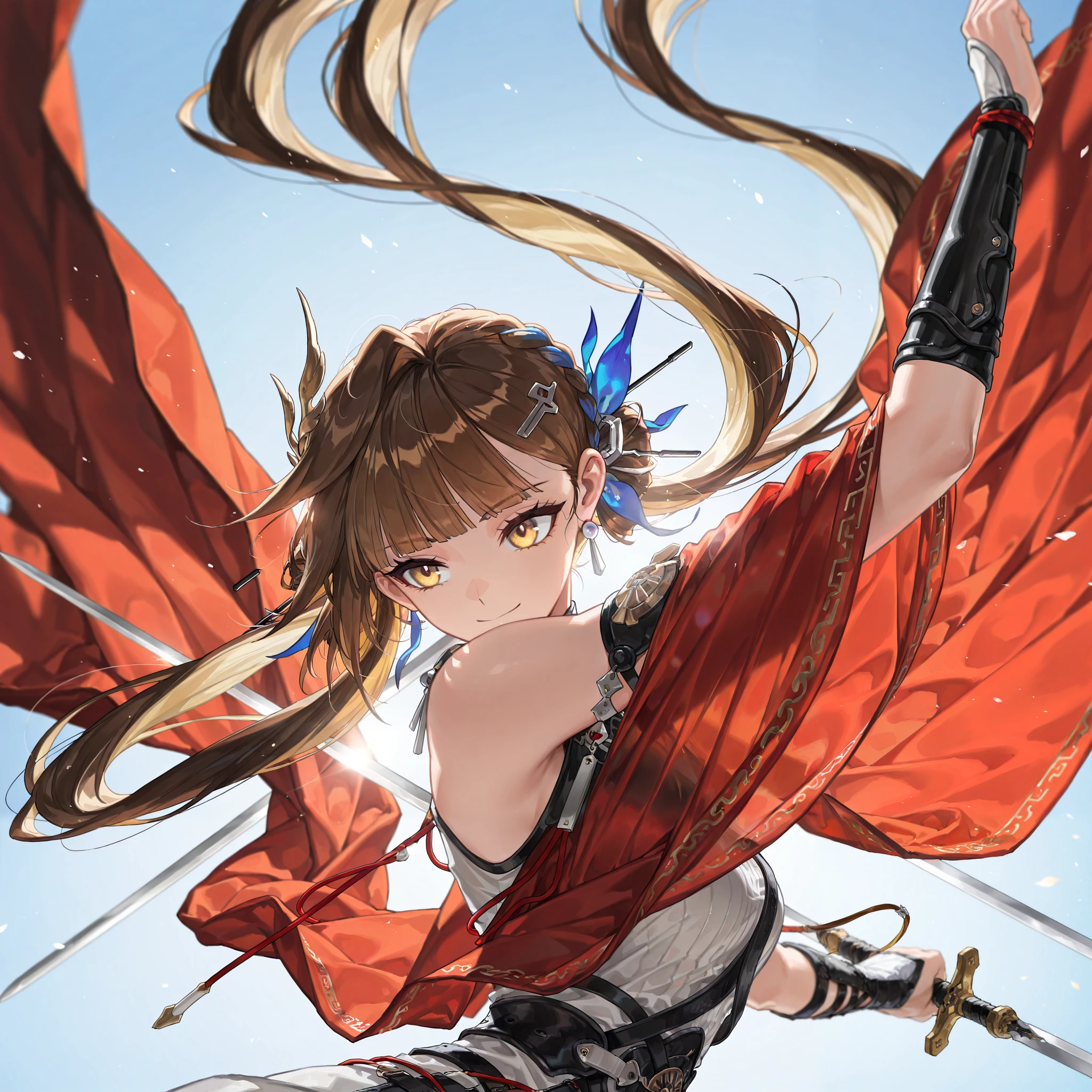by [arknights|(748cmstyle:0.5)], mature, young adult, masterpiece, best quality, amazing quality, very aesthetic, high resolution, ultra-detailed, absurdres,
1girl, woman, solo, alone,(dynamic pose, side shot, upper body focus, medium shot:1.2), Li Sushang,1girl, golden eyes,long hair,twintails, multicolored hair, (two-tone hair, blonde hair, golden hair:1.22), brown hair, wing hair accessories, ancient greek clothes, greco roman clothes, chinese swords, cocky smile, tsurime, Dual Swords
BREAK, depth of field, volumetric lighting
 