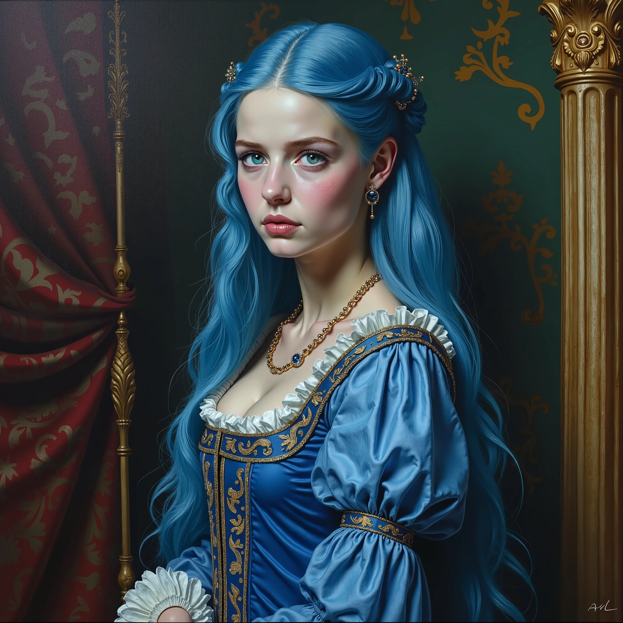 Painting of a woman with blue hair and a blue dress - SeaArt AI