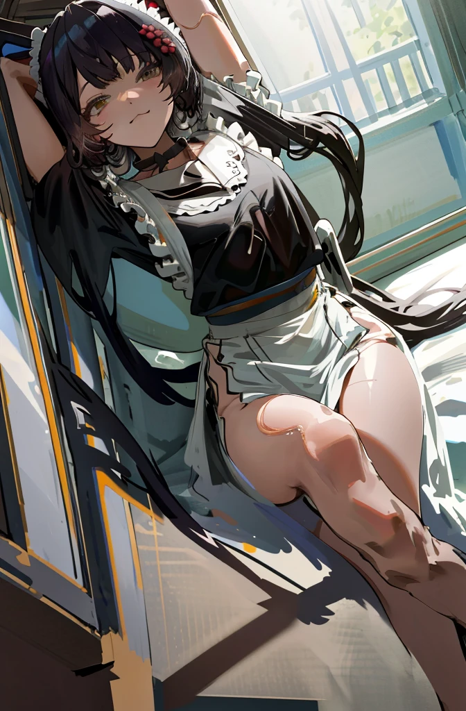 masterpiece, best quality, man, short hair, black hair, ahoge, hair bow, aqua eyes, seductive smile, tongue, black eyes, longeyelashes, sexy abs, no_top, short shorts, leg belt, shoes, hair ribbon, flower ribbon, hairband, hairclip, hair_ribbon