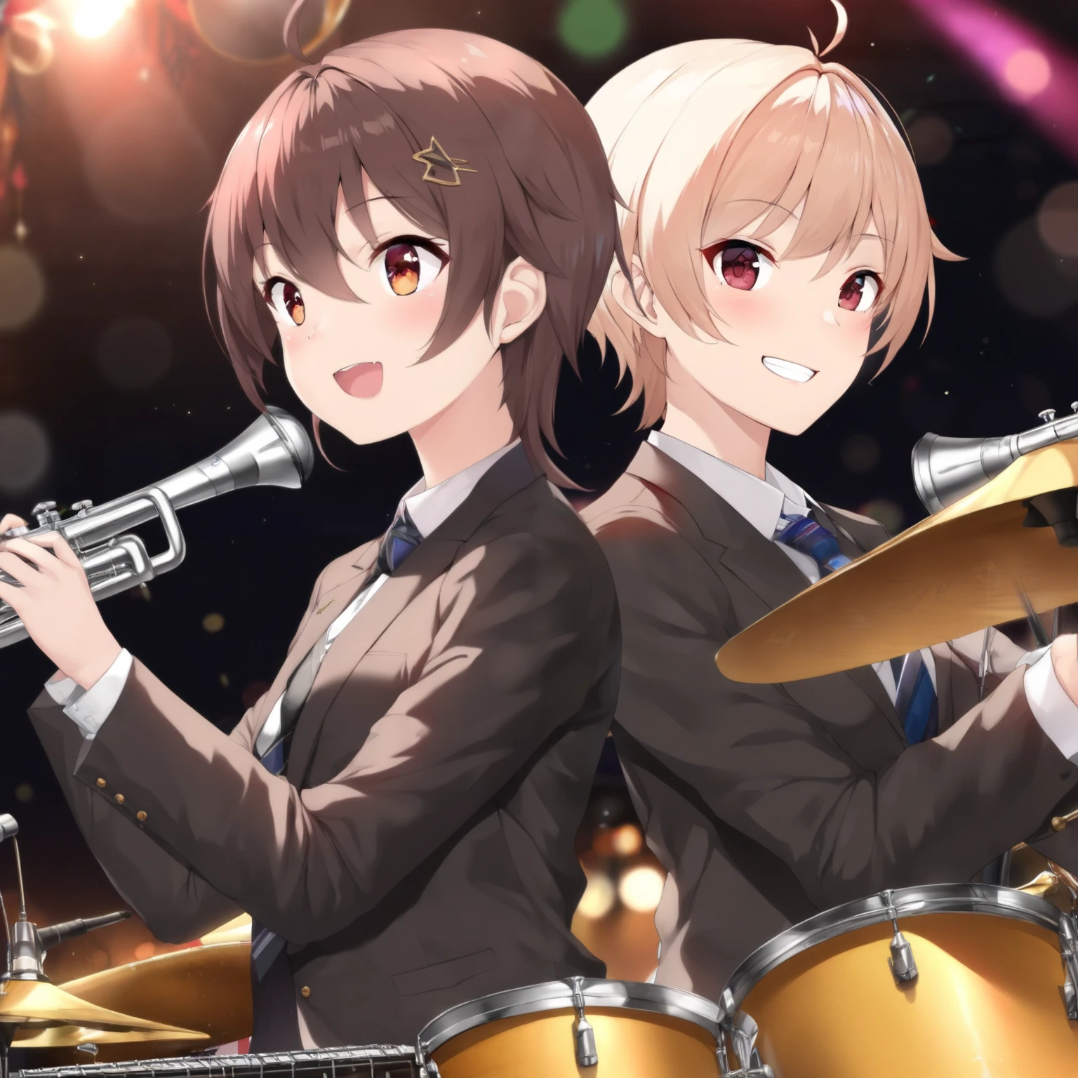 (best quality,8k,highres, masterpiece:1.2), (anime style),ultra-detailed, HDR, UHD, studio lighting, ultra-fine painting, sharp focus, physically-based rendering, extreme detail description, professional, vivid colors, bokeh, portraits, concept artists, warm color palette, dramatic lighting,A girls-only jazz band, The girls are playing the trumpet, guitar, and drums, each with cheerful smiles, live at the cultural festival, and they are all wearing suits while performing.
