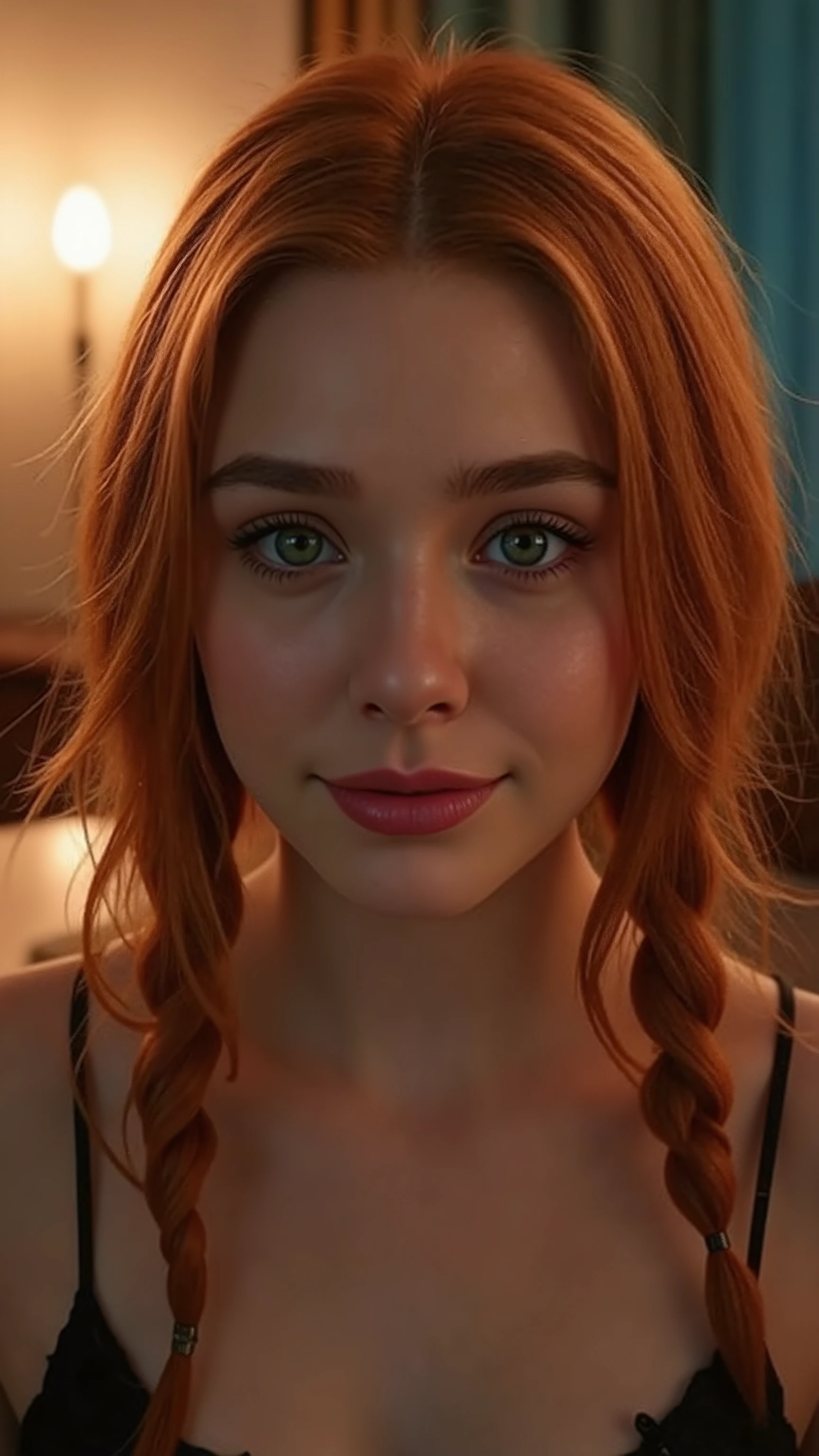 🌟 quality & silent: whole head down to below the chest, masterpiece, 8k, ultra high resolution, hyperrealistic, very detailed, natural lighting, SLR lighting, SLR camera , Fujifilm XT3, film grain, Sharp concentration, perfect lighting. 🌌 Scene & background: different backgrounds: A romantic sunset on the beach, with warm, golden hues . A dark, mysterious forest with moonlight, that falls through the trees. A luxurious Bedroom with candlelight and silky curtains. Ein urbaner background mit Neonlichtern und regennassen Straßen. 😈 model & Styling: A young , wild girl with fiery red hair, different hairstyles such as flattop, quin tails, tri tails, pixie cut, expressive hair, single sidelock, hair pulled back, french braid, blunt bangs, ahoge, streaked hair, which in various Poses fall loose or styled are, and bright blue eyes . She is wearing a lightweight , torn dress made of natural materials, that underlines her free and independent nature. 🔥 Pose & Mood: Different sensual facial expressions: she looks directly at the camera , with a seductive smile and half-closed eyes. She opens her lips slightly, with a playful and tempting look. She tilts her head slightly to the side, with a dreamy and sensual expression. She looks over her shoulder, with a mysterious and intense look. Die Mood ist sinnlich, seductive and full of emotions. 💋