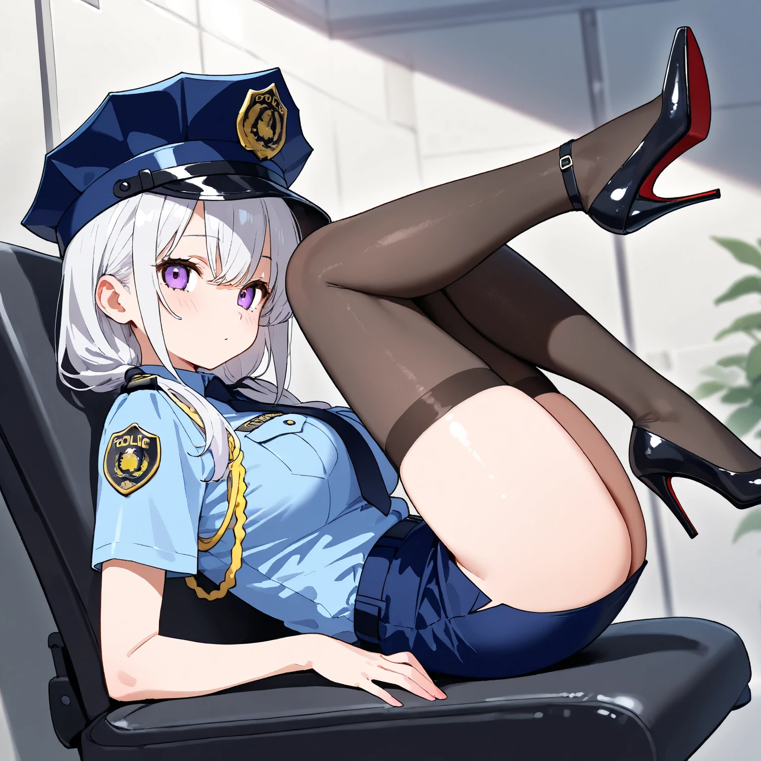 NSFW,1girl,Fox Girl,Slit eyes,Silver Hair,Red eyes,Long Hair,high school girl,Police uniform,Sitting,pink and white striped pantie,Leg spread,blush,Teeth showing smile skirt lift,Mobile Task Force Equipment,A seductive smile,Provocative smile,look down,Tie pants,Background with handgun,
