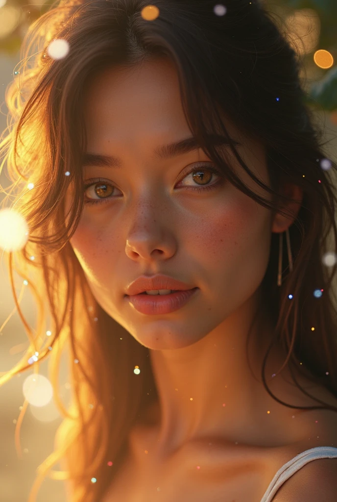 A mesmerizing close-up portrait of a gorgeous girl illuminated by the soft, big breast, without dress, golden light of a tranquil morning, with vibrant bokeh balls gently framing its delicate form.