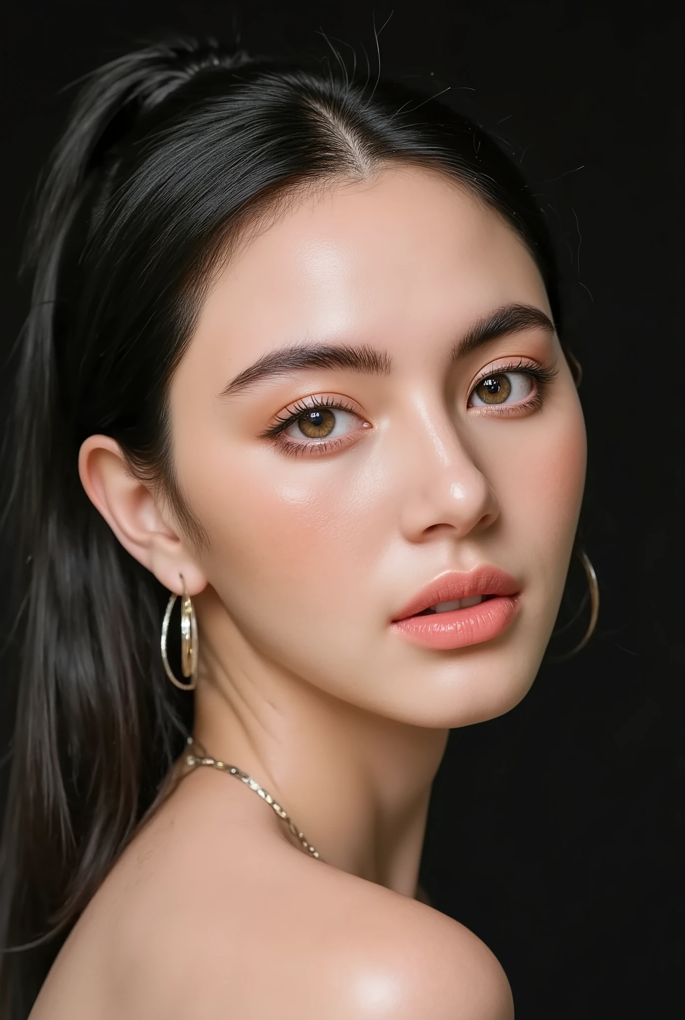 (photorealistic), best compositin, close up Portrait photo of a breath taking beautiful 18yo American supermodel, ponytail hair, pale skin, natural facial skin without make-up, k pop, nude, naked, big breasts, impressive cleavage, porkies, pink nipple, frontal view, soft lighting, dark blackground contrast with white skin, ultra detailed facial features, realistic eyes, detailed eyes, facing straight at camera, 16K, UHD, RAW, masterpiece, win award.