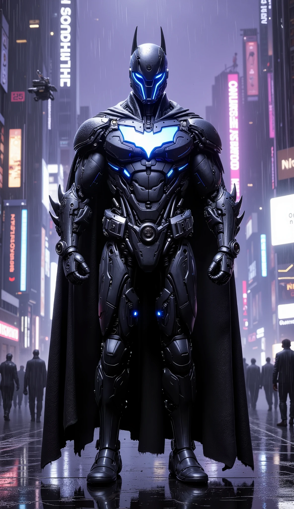 A realistic, human depiction of Batman in the year 2300, standing in a rain-soaked, neon-lit city filled with towering skyscrapers, holographic advertisements, and flying vehicles. Bruce Wayne, now a seasoned and battle-hardened man, wears a sleek, high-tech suit with glowing blue and black circuit patterns running across its surface, his iconic bat emblem projected as a hologram on his chest. His cowl is integrated with a high-tech full-face mask, its sleek, black surface reflecting the neon lights of the city. The mask features a glowing, bat-shaped visor, giving him an otherworldly, intimidating appearance. In one hand, he holds a grappling hook made of glowing energy lines, and in the other, a high-tech batarang with a sleek, futuristic design. The background features drones zipping through the air, and crowds of people in futuristic attire moving through the streets. The sky is a dark, moody purple, illuminated by the glow of neon signs and holograms. Batman stands tall, exuding a sense of readiness and resilience, as if he's the ultimate protector of this high-tech, dystopian world.