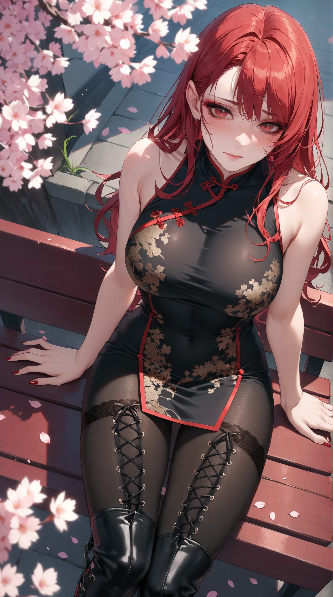 masutepiece, Best Quality, 1girl in, (karen),Red color hair, (red eyes:1.2),((qipao dress))、((a miniskirt))、((embarassed expression))、((Bedroom))、((Spread your legs apart))、((pantyhose))、((short-hair))、((Behind photo))