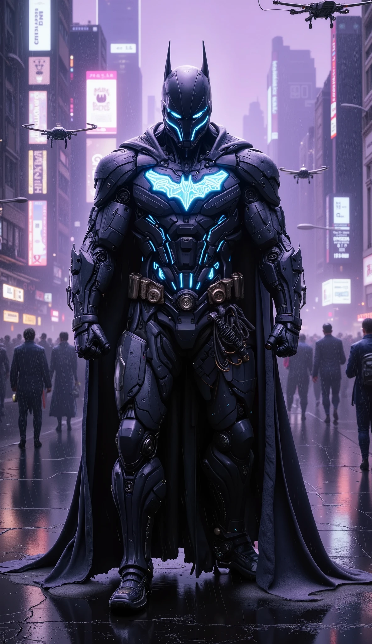 A realistic, human depiction of Batman in the year 2300, standing in a rain-soaked, neon-lit city filled with towering skyscrapers, holographic advertisements, and flying vehicles. Bruce Wayne, now a seasoned and battle-hardened man, wears a sleek, high-tech suit with glowing blue and black circuit patterns running across its surface, his iconic bat emblem projected as a hologram on his chest. His cowl is integrated with a high-tech full-face mask, its sleek, black surface reflecting the neon lights of the city. The mask features a glowing, bat-shaped visor, giving him an otherworldly, intimidating appearance. In one hand, he holds a grappling hook made of glowing energy lines, and in the other, a high-tech batarang with a sleek, futuristic design. The background features drones zipping through the air, and crowds of people in futuristic attire moving through the streets. The sky is a dark, moody purple, illuminated by the glow of neon signs and holograms. Batman stands tall, exuding a sense of readiness and resilience, as if he's the ultimate protector of this high-tech, dystopian world.