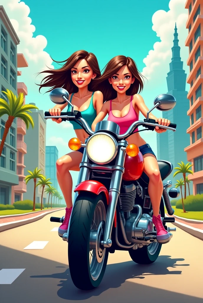 Perfect tall handsome cartoon man
and perfect sexy body big boobs long model legs type so super long curly beautiful long blonde hair asian face look cartoon girl together on pink Harley bike