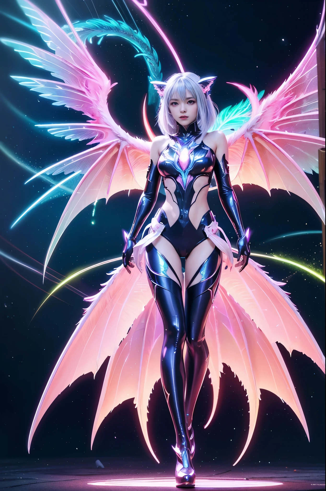 1girl, Armor, Wings, beautiful dragon, futuristic evolved Nekomata, (Neon glowing body), 2 tails, holographic, (The wings are symmetrically paired;1.5), Tricolor color Armor