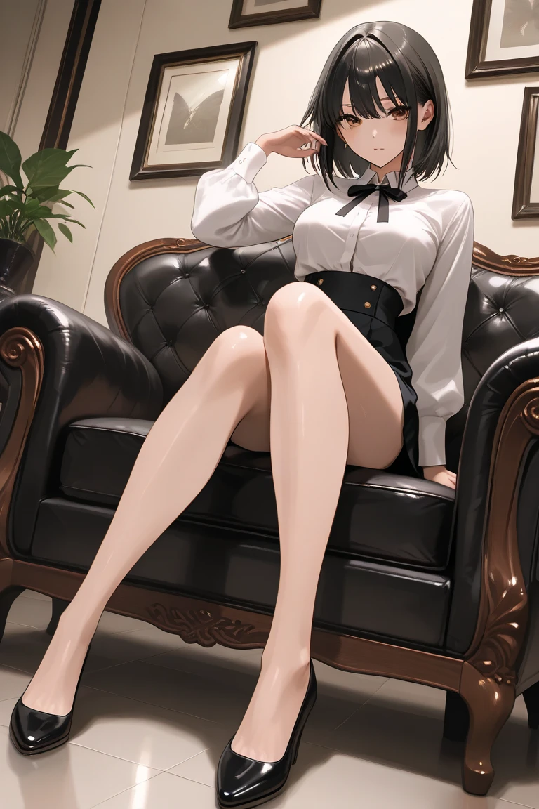 1woman, sitting, skirt, shirt, (full body:1), wearing platform heels, mules, high heels, muules..