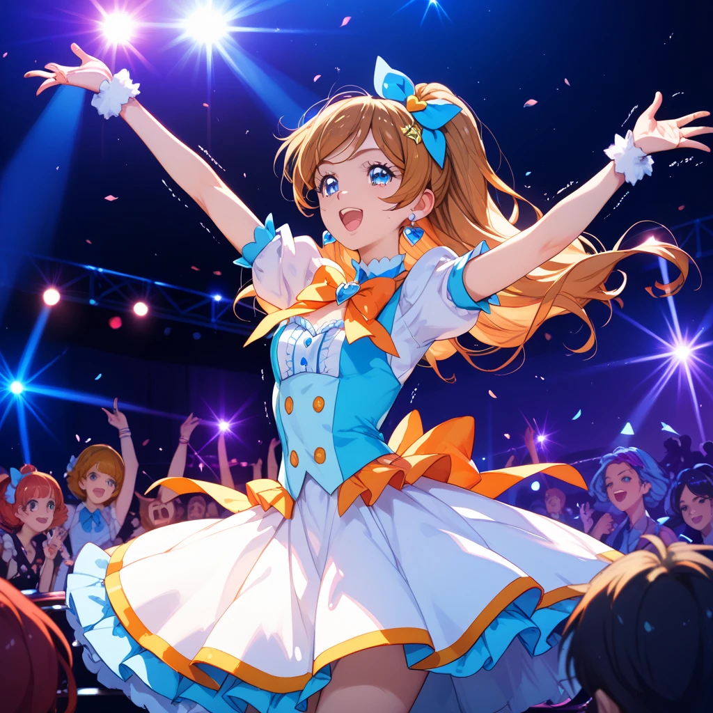(((Pixel perfect, perfect in every detail))),(((Diameter-downward view of skirt,))), alone, one girl, Kosaka Honoka, (μ's idol dress), looking at viewer, smiling, μ's,Love Live! stage, singing, (Lifted Skirt 1.3), (Detailed Panties 1.3), (White Panties: 1.3), (Frilled Panties: 1.3),(Panty shot), (Cotton panties), (Low angle) ,(Stain in crotch),blue eyes,orange hair,one side ponytail,short hair,(Spread Legs: 1.3)