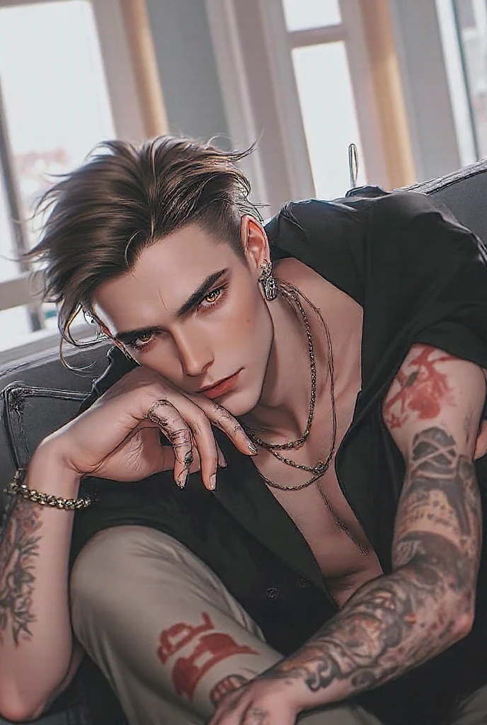 image of the highest quality, masterpiece, (detailed: 1,4), perfect drawing, boy, tattoo on the sides, shirtless, belly with muscles, ripped pants, sitting, scrap throne, in the middle of the road, cyberpunk hair , two hair colors, long earrings, sarcastic smile, golden teeth