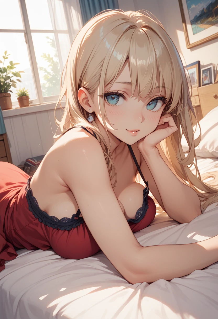 ((Browsing Caution:1.4, masterpiece, Highest quality, High resolution, 超High resolution, Pixel perfect, Written boundary depth, 4K, RTTX10.0, High resolution))), One Girl, single, alone, she, Beautiful Anime Girls, Beautiful art style, Anime characters, (((((short hair、Blonde、lure、joy))))), ((Beautiful eyelashes)), ((Detailed face, Blushing:1.2)), ((Smooth texture:0.75, Realistic texture:0.5, Anime CG Style)), ((Beautiful and large breasts, Cleavage)), indoor, Bedroom, Dynamic Angle, Big Breasts, Perfect body, Underarm, ((Sleeping in bed, (Sleep on your back:1.5), sleepy, close your eyes, Lying in bed, Sleeping posture, Wake up)), ((close, throw, cute, Shoot the body, Sighing expression)), ((red bra color, Red Lingerie)), (Natural light, Reflection of light, Morning Scenery), Embarrassed expression, (Expression of sexual pleasure:1.8), (Expression of unbearable pain:1.2), The expression of someone who is holding back from going to the toilet, twist, Raise your hand