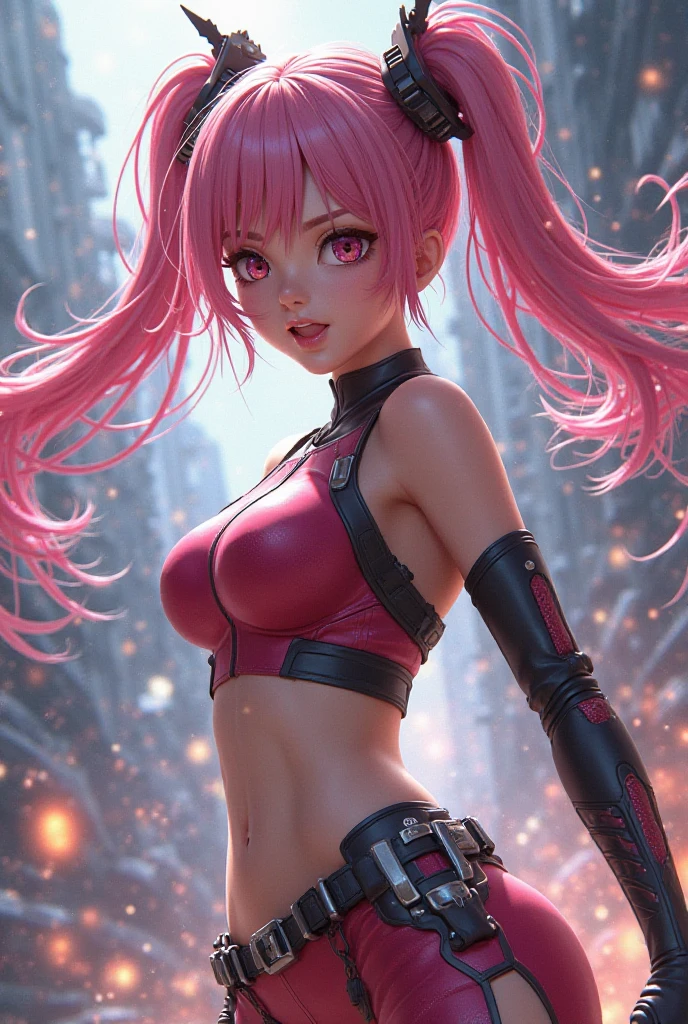 Create a pink haired ninja character design 