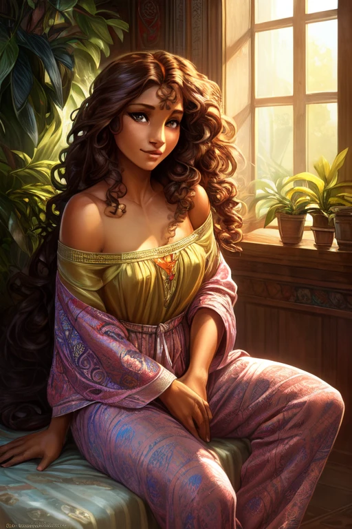(photorealism:1.2), beautiful woman, sitting on bed, wearing loose off-shoulder top, pajama lowered pants, long curly hair, indoors, soft lighting, plants in background, window with sunlight, cozy room, relaxed pose, realistic, intricate details, warm colors, by Greg Rutkowski, by Alphonse Mucha
