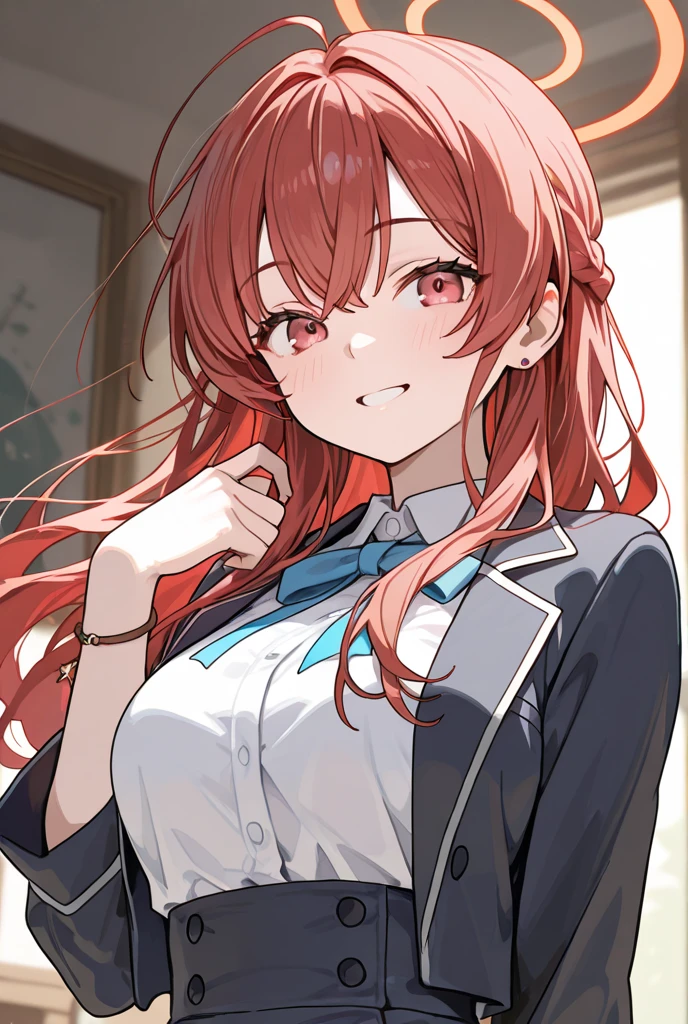 (high quality:1.1),pretty,1 high school student girl,red hair color,middle long hair style,smile,(large breasts:1.4),