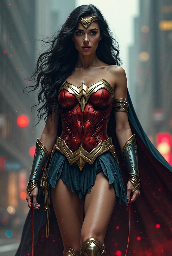 A beautiful woman with long black hair under the mantle of the Amazon warrior Wonder Woman in a black leather suit that covers her entire body with tiny scales all over the suit Red Wonder Woman corset with a silver-colored metal diaema with a red star in the middle of the diaema Silver-colored metal bracelets Black boots fitted to the suit (((without cape)))