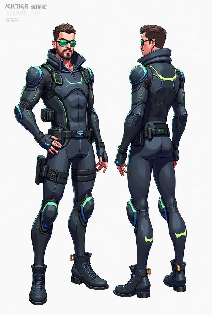 Create a high-quality character reference sheet for a brand-new Valorant agent. The sheet should include a multi-view design: front, side, and rear views, along with a reference table detailing the agent’s gear and abilities. The character should be a male with a futuristic, high-tech combat aesthetic, fitting within the Valorant universe. He wears a sleek, armored tactical outfit with fingerless gloves, a utility belt, and high-tech boots. His face is partially covered by advanced goggles, and he has light facial hair, adding a rugged, experienced look.

His armor is a blend of sci-fi and military tech, featuring subtle energy lines that hint at his special abilities. His stance is confident and ready for action. The color palette is bold, using dark tones with glowing accents to highlight key elements of his design. The background is a clean white for clarity, ensuring all details are clearly visible. The art style should match Valorant’s official character concept sheets, with sharp lines, cel-shading, and a balance of realism and stylization.