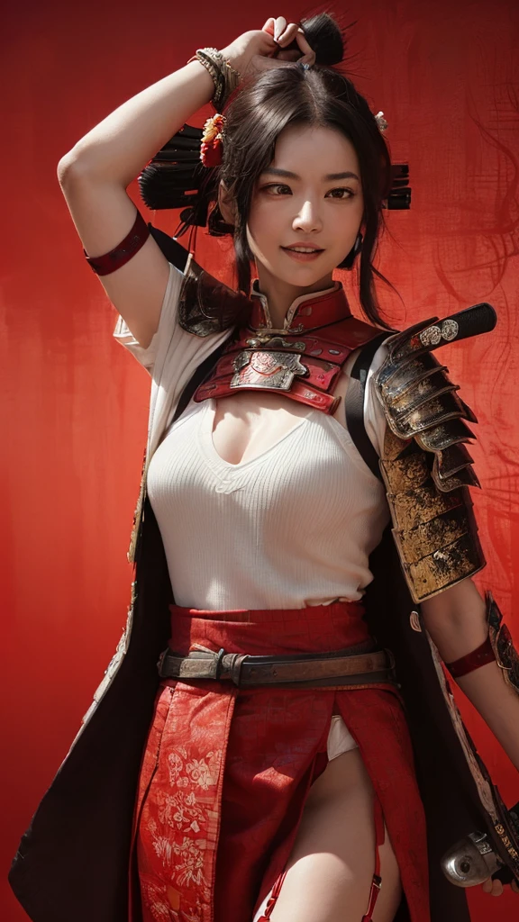 8K,Extremely high image quality,A high resolution, 1girll, Solo, Detailed face,Stunning face,thigh boots, hair adornments, view the viewer, Beautiful eyes,pony tails,The princess cuts the bangs,Single glove,sash,Red dress,Obi,choker necklace,Cowboy shot, Chinese Ancient Architecture, Mature female,Cross your hands at the waist,