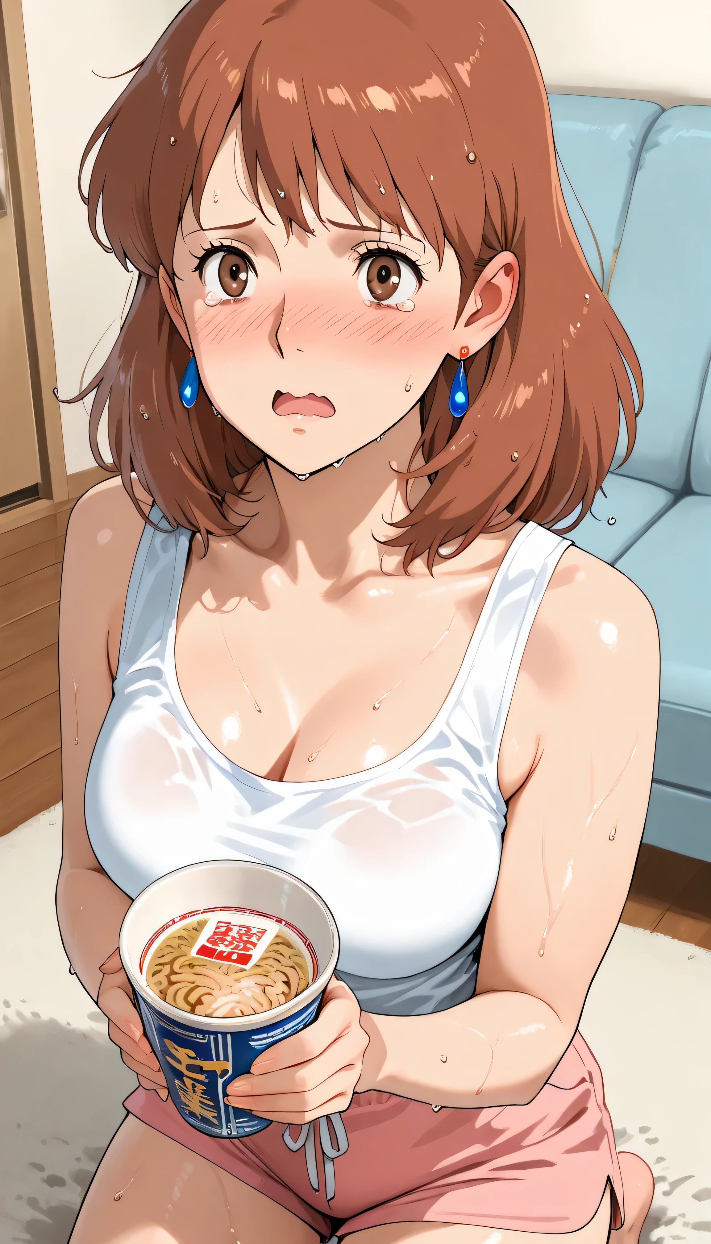 8k high score, great score, masterpiece, best quality, very ultradetail aesthetic, High quality, Ultra detailed, best quality, insanely detailed, beautiful, masterpiece (upper body shot:1.4)(from the side shot:1.2) higher angle (perfect detail face:1.0),1girl (solo:1.1) (40 years old) mature female Nausicaa,1girl,brown hair,medium hair,brown eyes, wet hair:1.2 (white tank top)(pink shorts) medium breasts, voluptuous (facing ahead) (Holding cup noodles:1.2) (tearing up:1.3) bags under eyes nose blush kneeling (open mouth) wavy mouth:1.1 (japanese apartment living room)