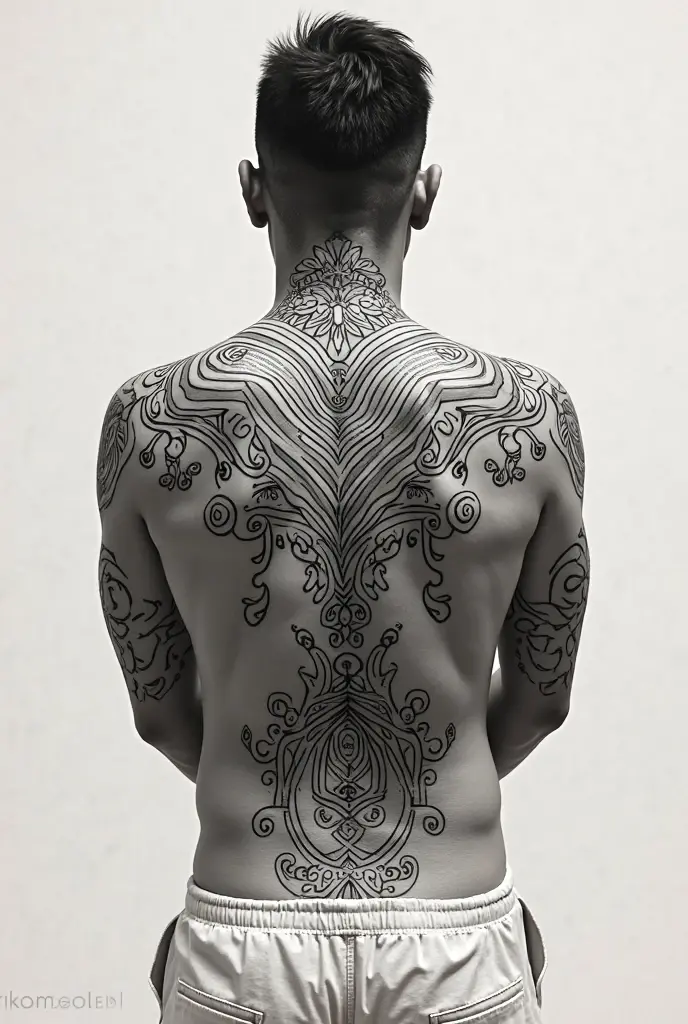 Tatouages ​​en fines lignes noires et blanches sur tout le dos, représentation très détaillé des mystères de la physique quantique, masterpiece, ultra détaillé