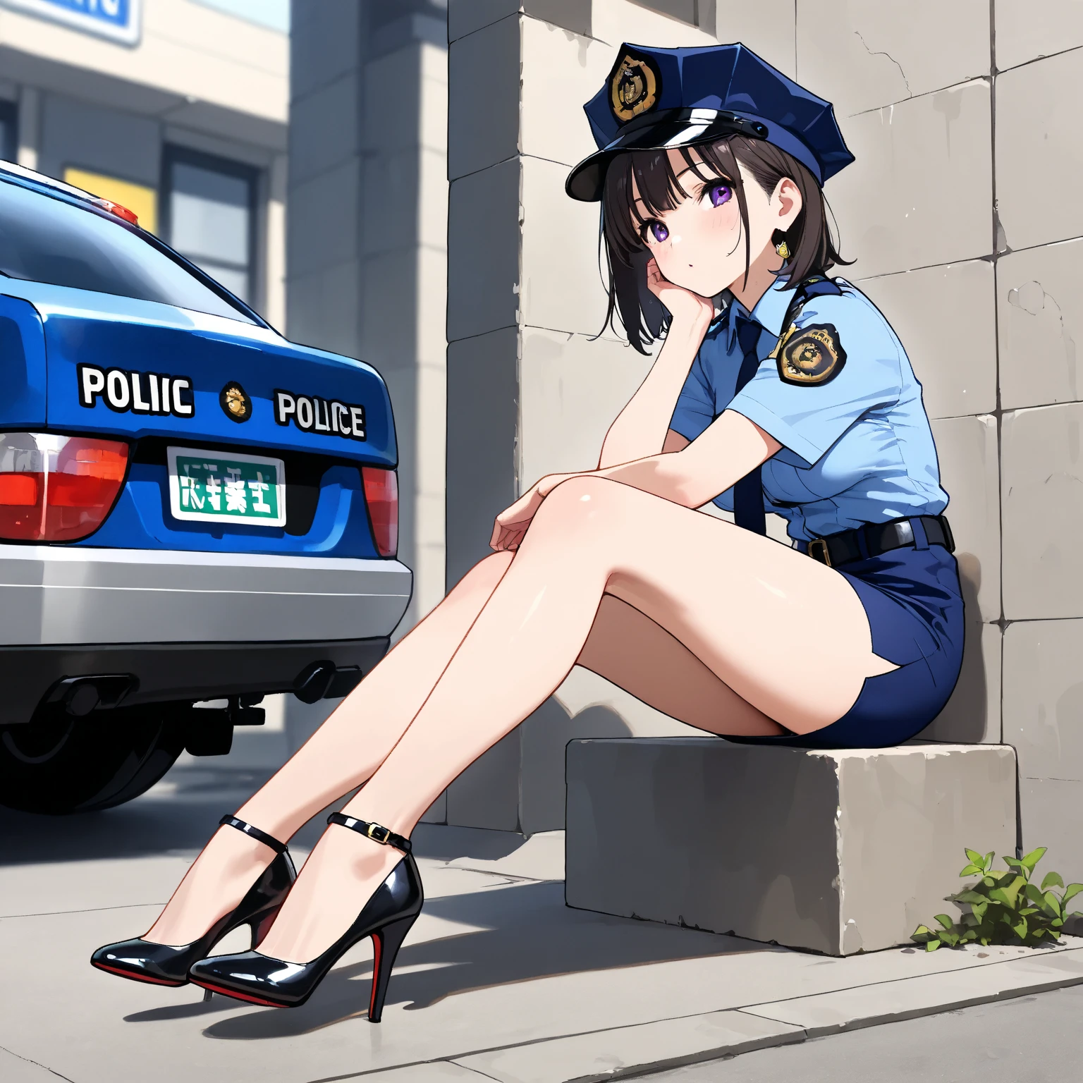 Black Hair Beautiful breasts clear Short Bob hair band policewoman White panties Beautiful feet White shoes summer Outdoor