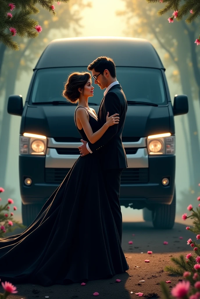 Handsome real man with beautiful real women standing with the car in a serene evening scene with a beautiful sunset in nature."