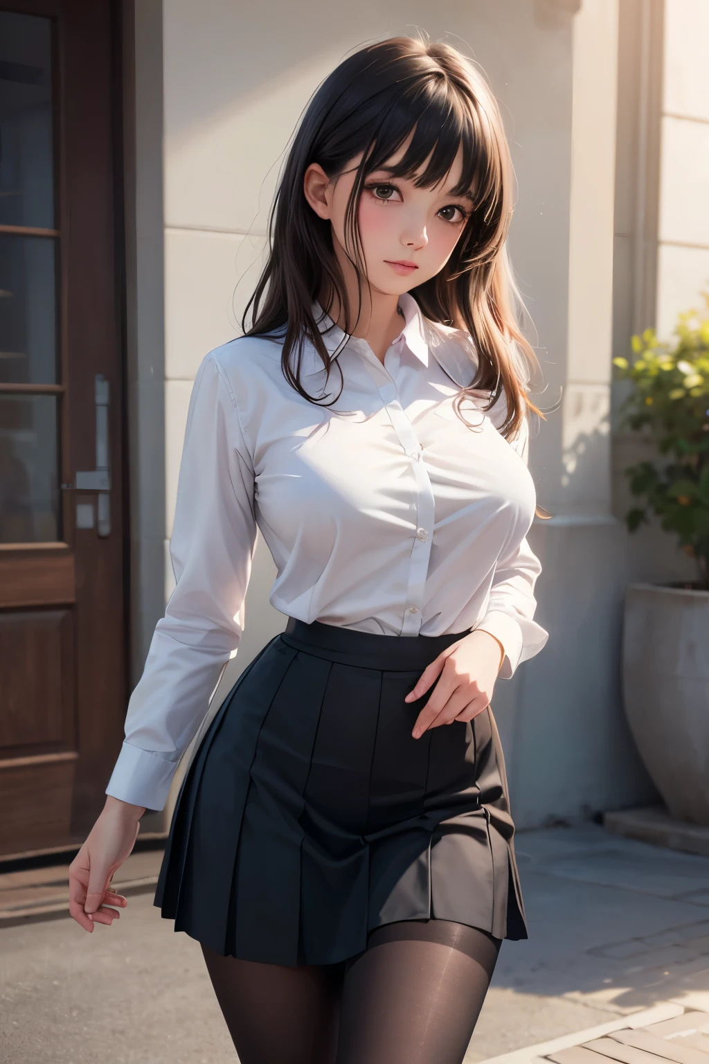 masutepiece, highest quality, Hi-Res, Ramius 1, 1girl in, Marieu Ramias、Ultra mini skirt、独奏, (Sheer black stockings:1.1), Pale pink military uniform, White underwear、Military, makeup, white shirt, White skirt, spaceships, Indoors,Body Conscious、Open both legs、camel's toe、a miniskirt、White underwear