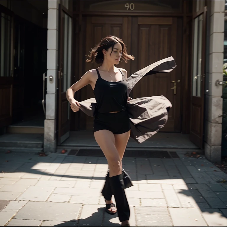 paparazzi photo of Carmen, gorgeous woman, raised arms posing like a model, hands holding hair, shot from below, camera way under woman, dominant pose. shot from under, shot from below, camera below woman, HDR, photoreal, high heels in an off-end road [night-time, cathedral in background], perfect symmetrical face