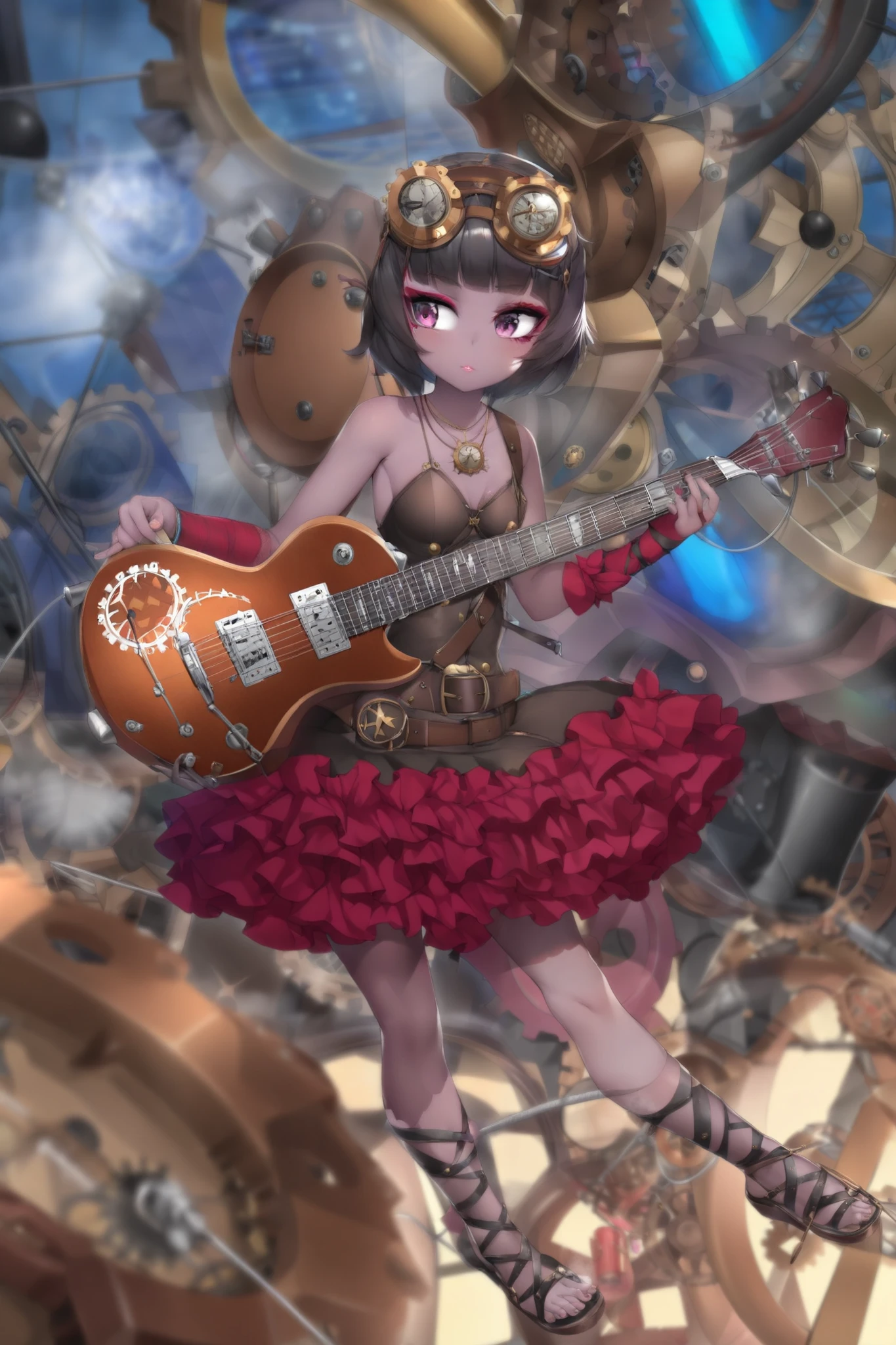 (Ultra-detailed face, Looking away, Gothic Illustration, Dark tone colors.), BREAK
(A meticulously crafted, steampunk-inspired illustration of a four-piece girl band, where a young, dark-haired keyboard player takes center stage. Her intricate, brass-detailed steampunk attire includes goggles and numerous gears and levers. Surrounding her are three bandmates, each with their own unique steampunk-inspired instruments. A drummer with a brass-and-wood drum set featuring gears and cogs, a guitarist wielding an electric guitar intricately adorned with brass accents and tubes, and a bassist whose instrument is a marvel of steampunk engineering with visible brass pipes and valves. The illustration's backdrop features a fantastical, steampunk-inspired cityscape, with steam billowing from towering machines and intricate gears visible everywhere, highlighting the rich visual details and immersive atmosphere of the scene. This detailed illustration will be a vibrant portrayal of a steampunk musical collective in a visually captivating setting.), BREAK
(They have pink and black hair with dark gray eyebrows, cropped at the shoulders, small pink lips, lavender eyes, dark purple skin, long eyelashes, and thick eyeliner.), (She wears a necklace with multiple charms of glowing blue light fabers wrapped around it, and a jet-black, futuristically embellished lace-up dress with a deep red lace ruffle. She wears futuristic black sandals.)