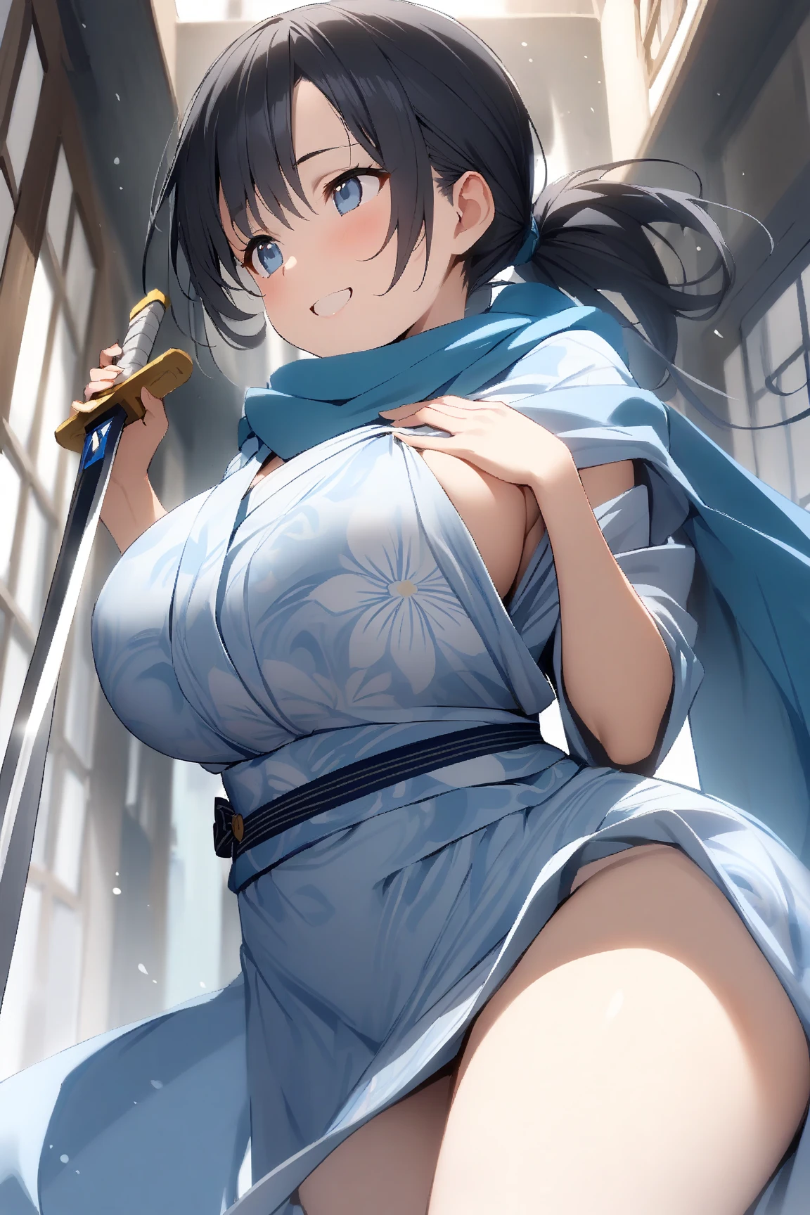 absurdres, RAW photo, extremely delicate and beautiful, masterpiece, Best Quality, ultra high resolution, 32k, hyperrealistic, ultra-detailed, in her 20s, delicate facial features, tearful mole, earring, medium breasts, full body shot, shorter middle hair, black hair, shuimobysim, Japanese kimono, ninja, samurai, sword with blue flames,
