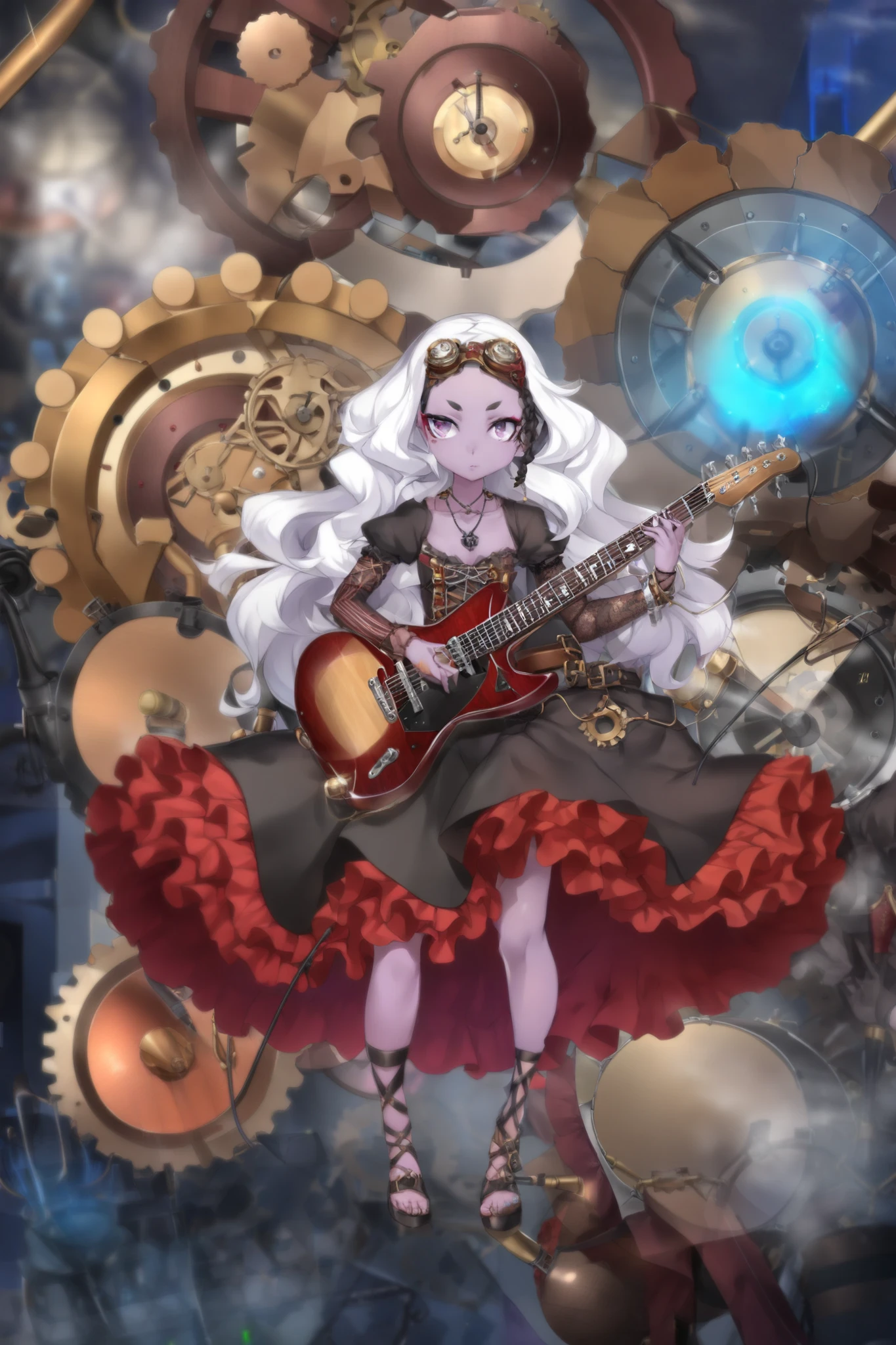 (Ultra-detailed face, Looking away, Gothic Illustration, Dark tone colors.), BREAK
(A meticulously crafted, steampunk-inspired illustration of a four-piece girl band, where a young, dark-haired keyboard player takes center stage. Her intricate, brass-detailed steampunk attire includes goggles and numerous gears and levers. Surrounding her are three bandmates, each with their own unique steampunk-inspired instruments. A drummer with a brass-and-wood drum set featuring gears and cogs, a guitarist wielding an electric guitar intricately adorned with brass accents and tubes, and a bassist whose instrument is a marvel of steampunk engineering with visible brass pipes and valves. The illustration's backdrop features a fantastical, steampunk-inspired cityscape, with steam billowing from towering machines and intricate gears visible everywhere, highlighting the rich visual details and immersive atmosphere of the scene. This detailed illustration will be a vibrant portrayal of a steampunk musical collective in a visually captivating setting.), BREAK
(They have pure white hair with dark gray eyebrows, waist-length wavy hair, small pink lips, lavender eyes, dark purple skin, long eyelashes, and thick eyeliner.), (She wears a necklace with multiple charms of glowing blue light fabers wrapped around it, and a jet-black, futuristically embellished lace-up dress with a deep red lace ruffle. She wears futuristic black sandals.)