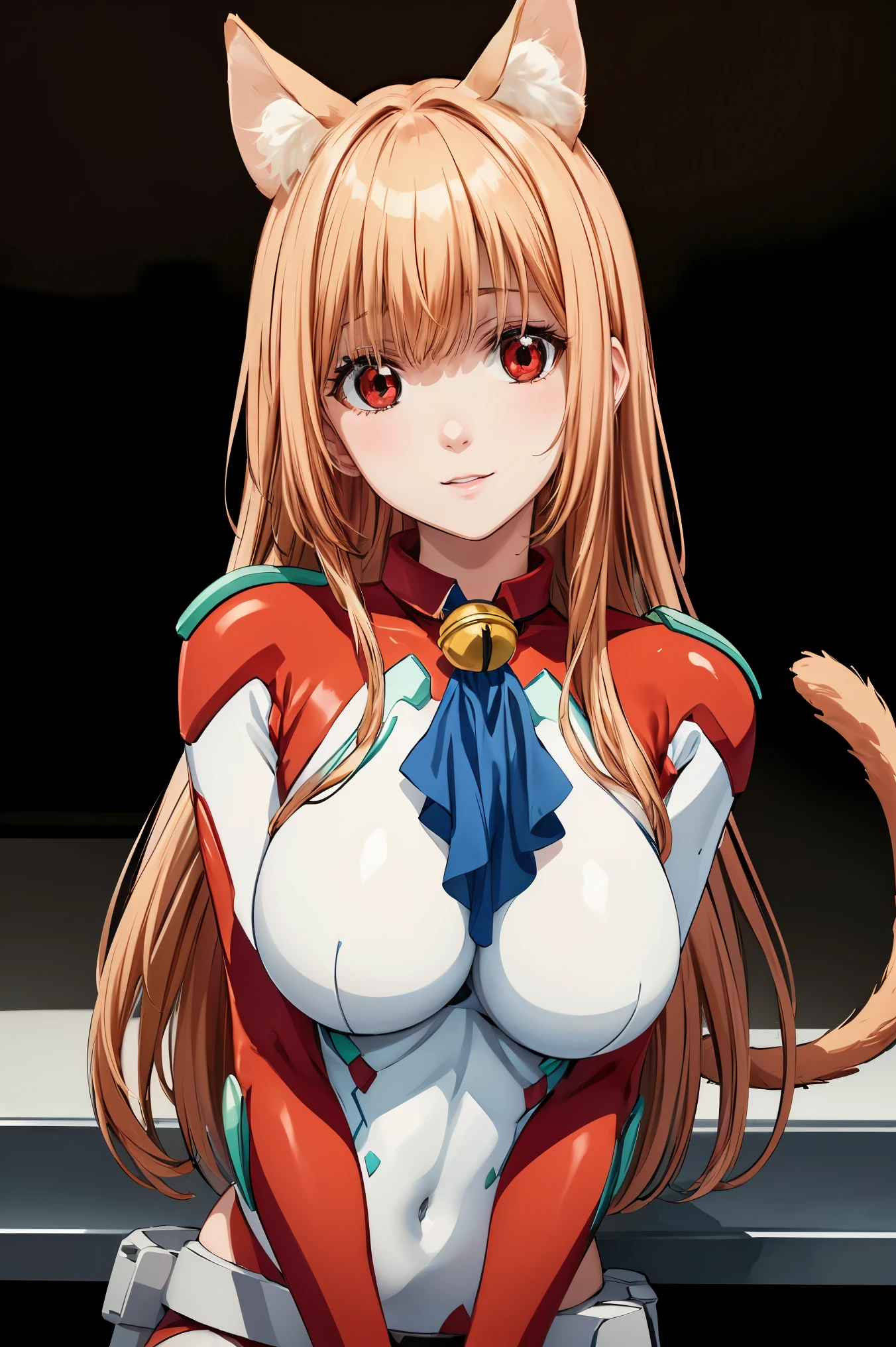 (extremely detailed CG unity 4k wallpaper),(masterpiece),(best quality),(ultra-detailed),(best illustration),(best shadow),(absurdres),(detailed background) <lora:IGT_Eris-v1:0.8> Eris, 1girl, animal ears, solo, bell, breasts, jingle bell, tail, long hair, red leotard, pouch, leotard, cat tail, cat ears, thighhighs, large breasts, belt pouch, red eyes, belt, loose belt, orange hair, white thighhighs, bangs, looking at viewer, simple background, cowboy shot, light smile, neck bell, smile, very long hair, turtleneck, red gloves, bracer, collar, standing, ascot