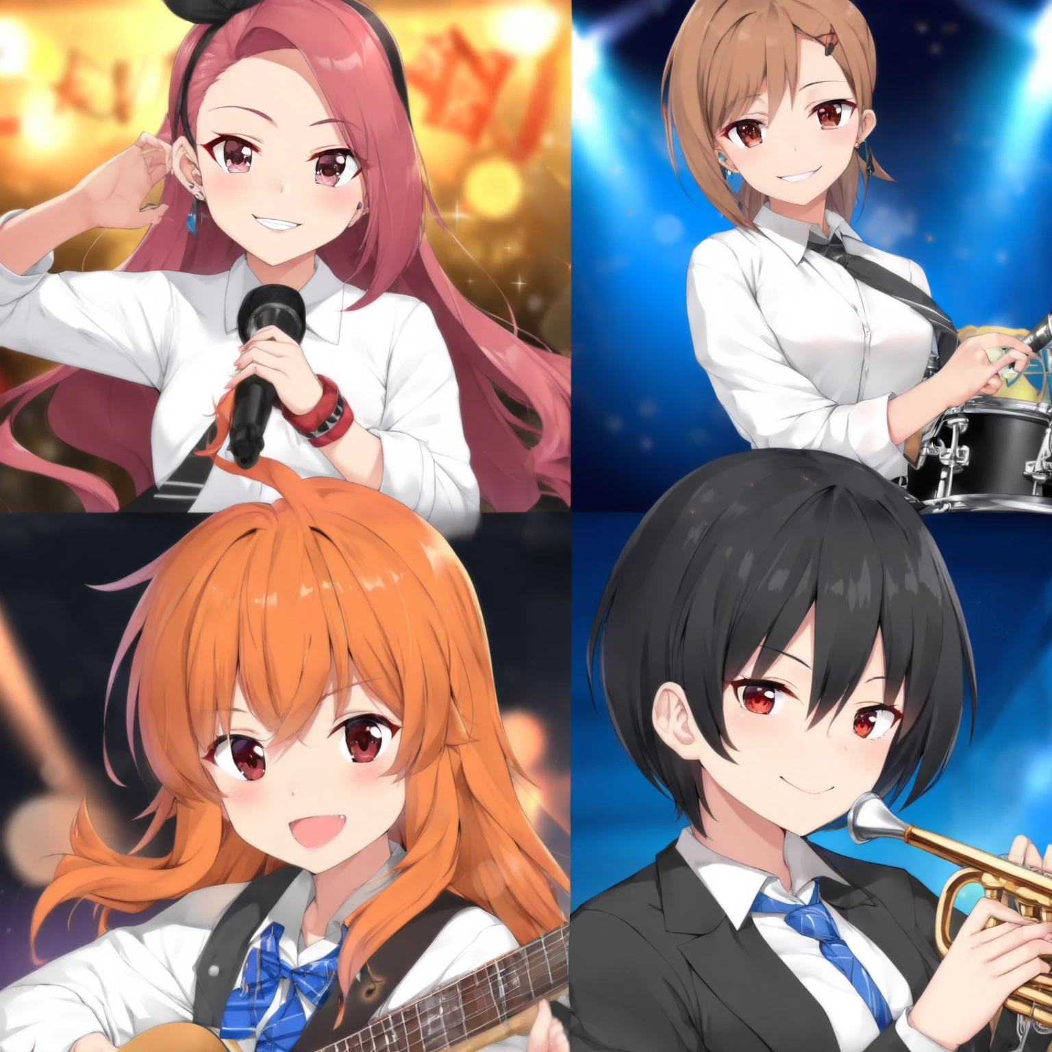 (best quality,8k,highres, masterpiece:1.2), (anime style),ultra-detailed, HDR, UHD, studio lighting, ultra-fine painting, sharp focus, physically-based rendering, extreme detail description, professional, vivid colors, bokeh, portraits, concept artists, warm color palette, dramatic lighting,A girls-only jazz band, The girls are playing the trumpet, guitar, and drums, each with cheerful smiles, live at the cultural festival, and they are all wearing suits while performing.