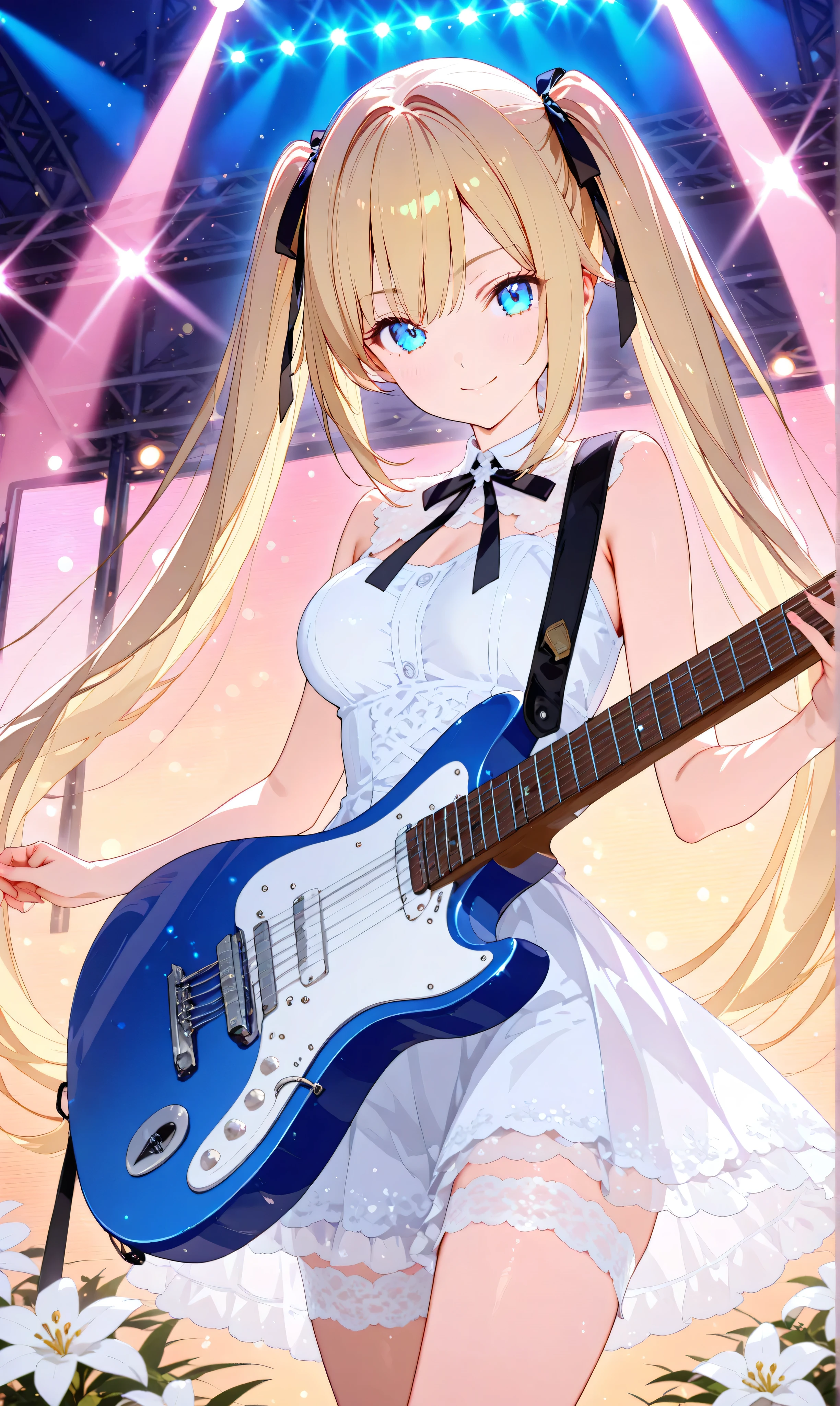 A cowboy shot showcases a masterpiece of supreme quality with a white theme (1.3) in pastel tones: a blonde girl with long twin-tails secured by black ribbons stands on a live concert stage, her sheer frilled white dress radiant under soft lens flares and cinematic shading. Holding a guitar, she’s encircled by a temple-garden stage effect of lilies and drifting petals, her blue eyes smiling gently with a narrowed look. Penlights enhance the bokeh and chromatic aberration, her hair flowing in a light breeze, creating a tranquil, fantastical scene in UHD-level detail.