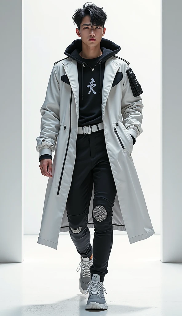 a Hyper-realistic, ultra-detailed illustration of a tall, lean Korean-inspired male model in a futuristic techwear ensemble. Full-body dynamic pose, extreme low-angle front-view (wide-angle lens, cinematic depth of field).
Character Details:
Face: Clean-shaven, sharp angular jawline, dark piercing eyes, neutral/slightly stoic expression. Short, tousled black hair with textured volume on top, stray strands falling casually over the forehead.
Outfit:
- Coat: Sleek knee-length techwear trench coat, crisp white exterior with matte finish, black interior. Open front reveals a fitted black shirt with a faint metallic-gray abstract logo peeking through.
- Coat Design: Black trim on hood, cuffs, and hem; angular black stripes along shoulders/arms; oversized black zippers on side pockets; minimalist black armband on left sleeve. Slight A-line flare at the hem.
- Belt: Slim white tactical belt visible at the waist, contrasting against the black shirt and pants.
- Pants: Skinny-fit black techwear pants with subtle hexagonal knee-panel detailing, minimal wrinkles.
- Shoes: High-tech gray sneakers with black mesh accents, white laces, and chunky white midsoles. Reflective detailing on the toe box.
Pose & Atmosphere:
- Walking mid-stride with confident, relaxed energy. One foot slightly forward, hands tucked into the trench coat pockets (hinting at motion). Slight wind tousles the coat and hair, adding dynamic flow. Head swaying to the side.
- Dramatic studio lighting: Harsh directional light from below (emphasizing low-angle), cool white tones with soft blue-gray shadows. Hyper-detailed textures (fabric folds, sneaker treads, hair strands).
- Background: Minimalist futuristic urban setting
Style Keywords:
Korean street-fashion editorial, 8K photorealism, cyberpunk minimalism, sharp lines, metallic accents, high contrast, fashion photography (akin to Vogue Korea or Balmain campaigns).