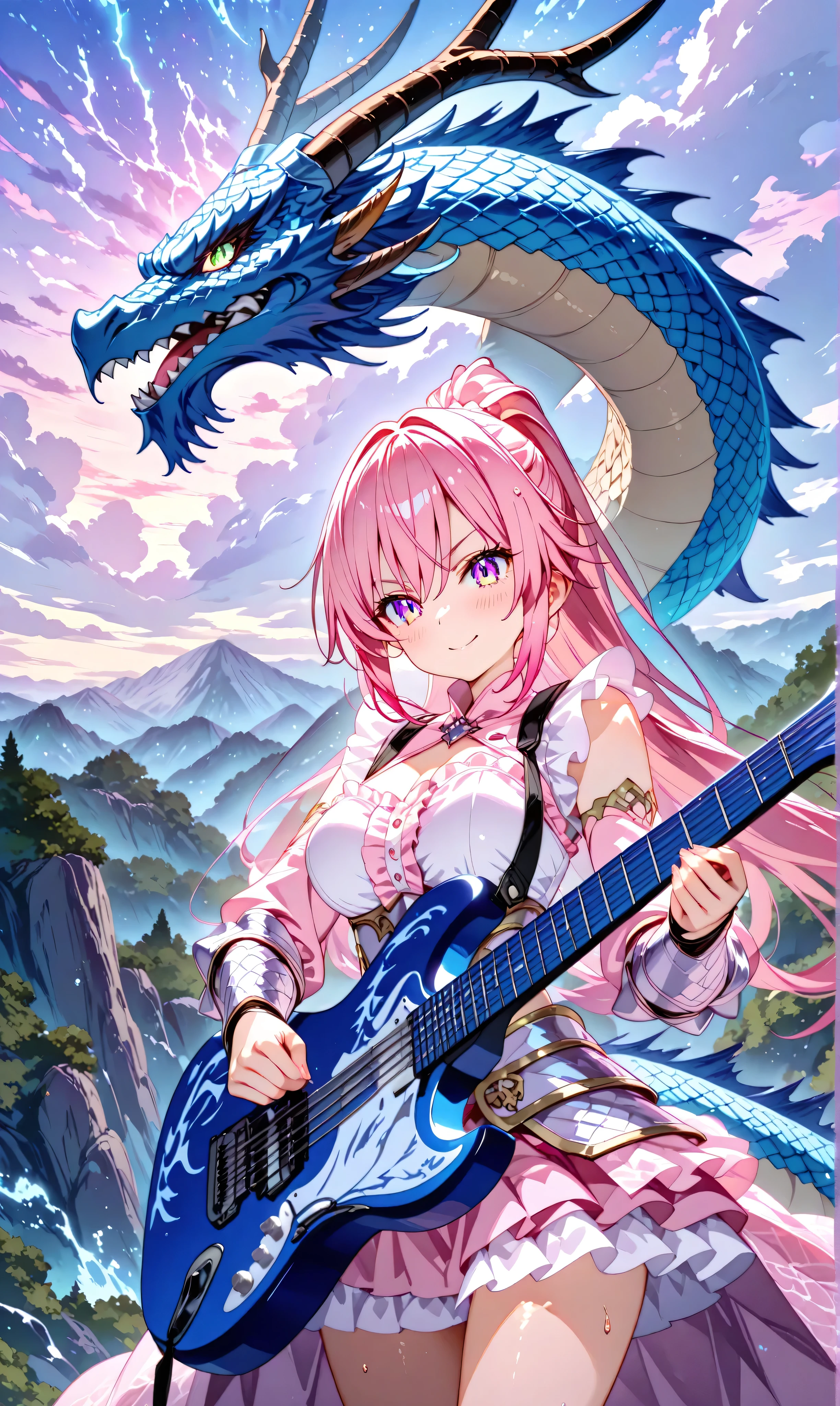 A cowboy shot showcases an ultra-detailed 8K full HD masterpiece with watercolor (0.5) and pastel colors (0.5): a dragon knight girl stands on a live concert stage, captured in a cinematic angle against a stormy sky and cliff stage design. A huge dragon looms behind her, its colorful scales and imposing stature creating a striking spectacle. She wears a pink frilled blouse and black dragon-scale armor, lifting a guitar high, penlights enhancing the storm-like glow, her sharp gaze and gentle blush exuding a majestic presence.