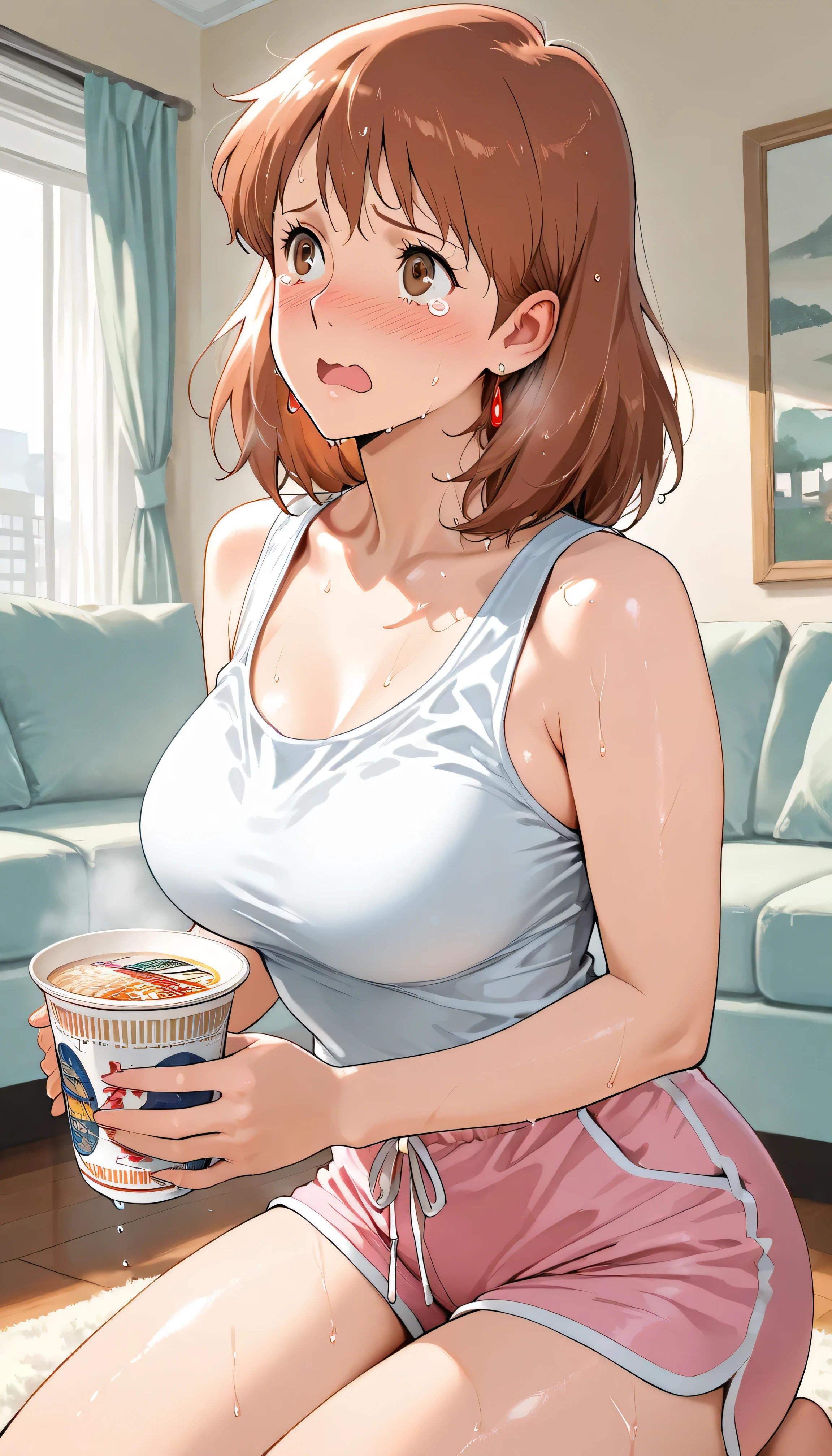 8k high score, great score, masterpiece, best quality, very ultradetail aesthetic, High quality, Ultra detailed, best quality, insanely detailed, beautiful, masterpiece (upper body shot:1.4)(from the side shot:1.0) higher angle (perfect detail face:1.0),1girl (solo:1.1) (40 years old) mature female Nausicaa,1girl,brown hair,medium hair,brown eyes, wet hair:1.2 (white tank top)(pink shorts) medium breasts, voluptuous (facing ahead) (Holding cup noodles:1.2) (tearing up:1.3) bags under eyes nose blush kneeling (open mouth) wavy mouth:1.1 (japanese apartment living room)