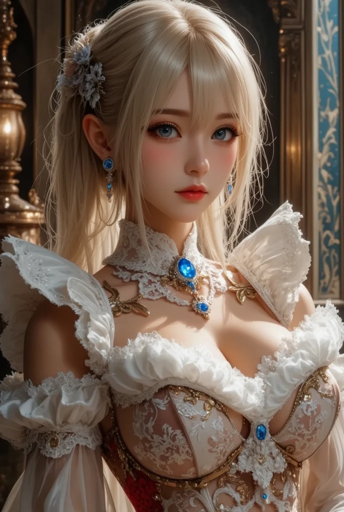 ((Masterpiece, Detailed face, Detailed eyes, detailed anatomy, Oily skin, Fine skin, White skin)), (Masterpiece, Best quality, High quality, Ultra-detailed, extremely details, High Resolution, Super realistic, ultra realistic, Strong lights, Photography, Brighten the subject, Perfect face, Cute Face), 1 adorable girl, solo, looking at viewer, face(sparkling blue eyes), ((Huge breast)), (((Saggy breast:1.5))), looking at viewer with sweet smile, Raw photo, (8K、highest quality、masterpiece:1.2)、(Intricate details:1.4)、(Photorealistic:1.4)、Octane Rendering, Intricate 3D rendering super detailed, studio soft light, Rim Light, Vivid details, Super Detail, Realistic skin texture, Cheek gloss, details face, Very beautiful bright blue eyes, Very big eyes, Highly detailed CG Unity 16k wallpaper, perfect beauty, round face, Makeup, (Detailed background:1.2), Shiny skin, Full Body, From head to thighs, Cleavage, pale skin,