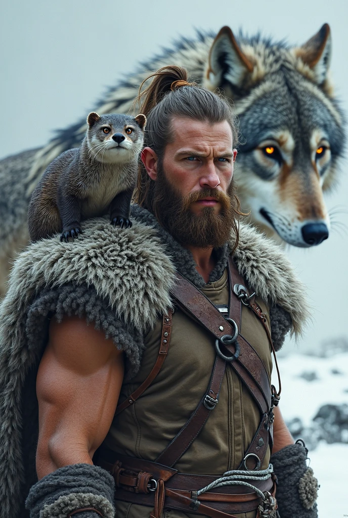 the best quality, very high resolution, detailed 4K CG, Masterpiece artwork, augur, Nordic Deuses, handsome man plus a wolf, rune tattoos, viking, Celtic mountains, blue sky, Norse mythology, viking rune tattoo, beautiful aesthetic, Beautiful picture, There are beautiful mountains with green grass in the back