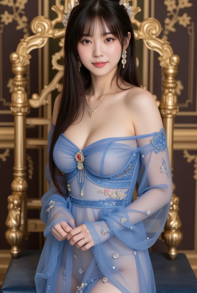 Beautiful Chinese waifu, early 30s, brunette hair, gold necklace, wearing qipao inspired blue voil , ((small breasts))