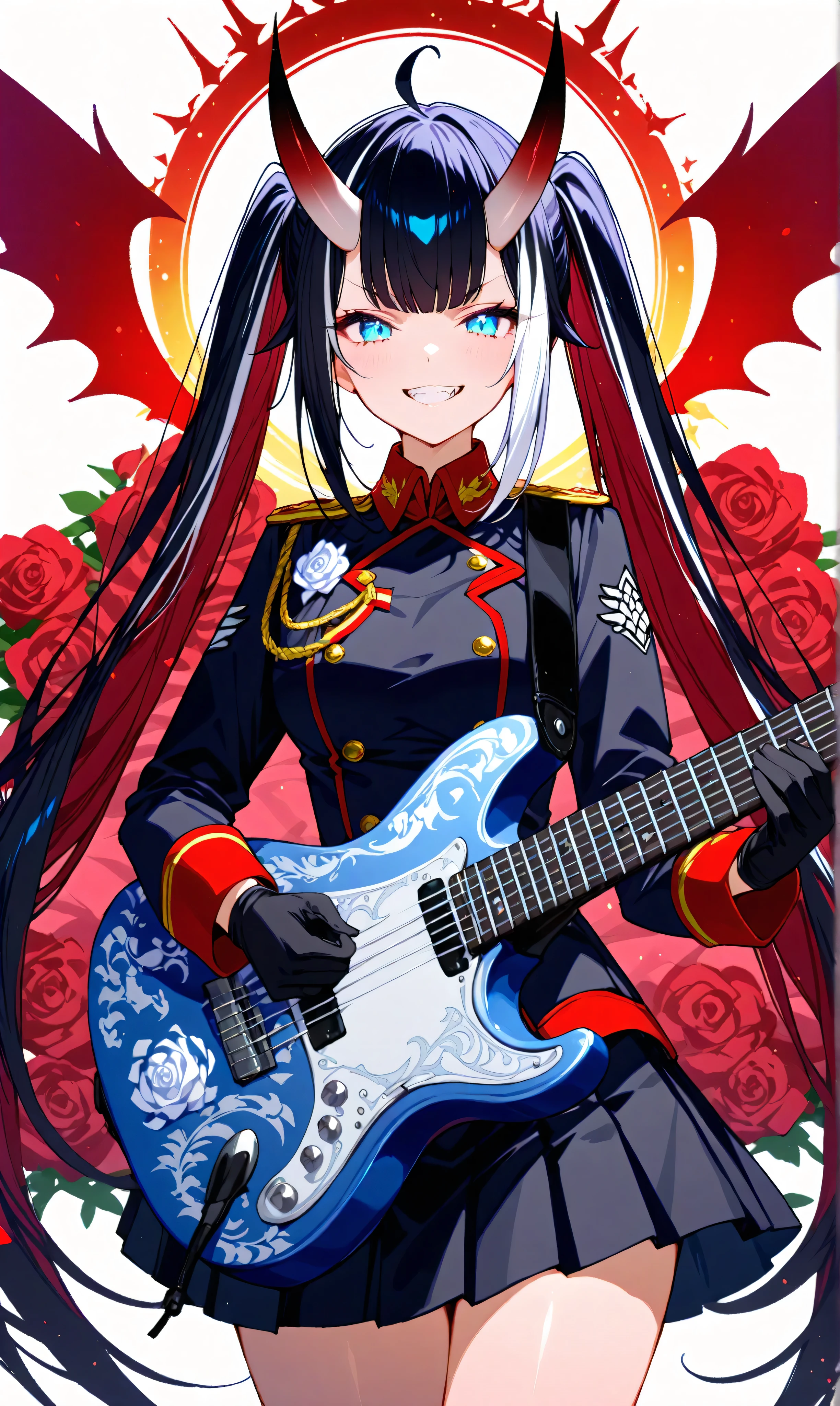 A cowboy shot captures a stunning masterpiece of absurd elegance: two girls harmonize on a live concert stage, their bond palpable. Left: a short 18-year-old with long black twin-tails and white accents, her white rose military uniform discarded loosely, blue eyes warm with a gentle smile, holding an engraved guitar aloft with both hands. Right: a tall red devil with smooth black horns, her black twin-tails with white streaks flowing, red rose military uniform partly shed, blue eyes blazing with a fierce grin, raising an engraved guitar high. Red roses lie strewn in the center, penlights shimmering with sunrise promise against a simple white background