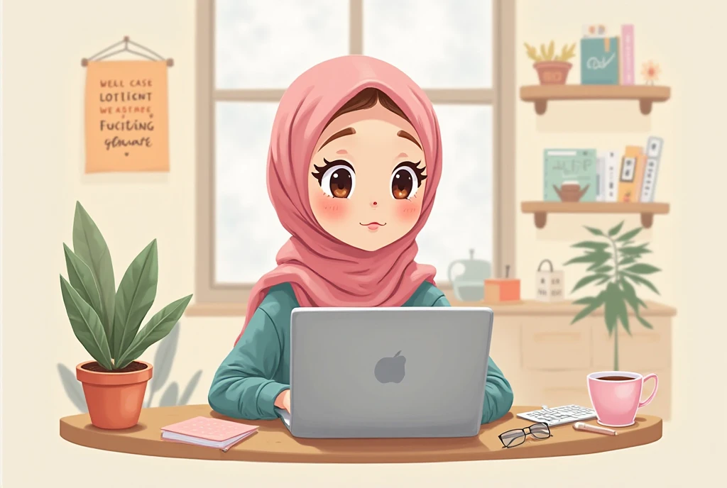 Hijabi without hair showing sassy cute anime who is working hard on laptop
