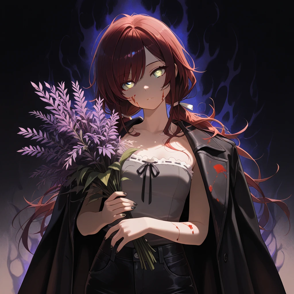 (masterpiece:1.2, Best Quality), (finely detailed beautiful eye: 1.2), (beautiful detailed face), (masterpiece:1.2, Best Quality), (finely detailed beautiful eye: 1.2), (beautiful detailed face), solo, close up, dark aura, dark energy, bristly hair, glowing eyes, dark aura, shadowy aura, upper body, thin girl, holding bouquet of purple flowers, expressionless, :l, Gray eyes, lifeless eyes, blood on face, blood on clothes, head tilt, dark red hair, swept bangs, low twin tails, white ribbons, strapless sleeveless shirt, gray shirt, shirt with white trim, frill trim, black coat worn over shoulders, black jeans, black nails, thin thighs, thin legs, dusk, willow tree leaves, close up, messy hair, stoic, shadowy aura,