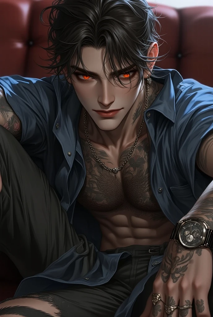 Handsome male, black hair, long hair, emerald eyes, detailed body, detailed hands, black shirt, black denim jeans, sitting on couch, nightfall, huge bulge in pants, horns, piercings, long sleeve shirt, manly, arrogant expression
