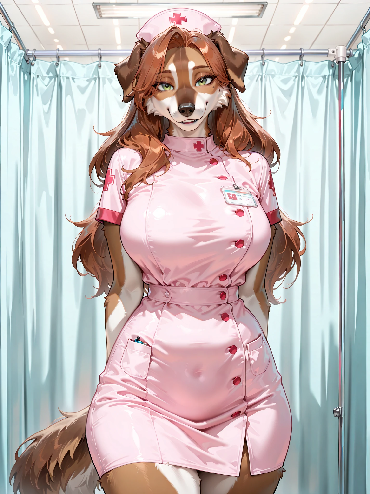 (masterpiece quality, best quality, high resolution:1.1), cowboy shot, female, (solo, 1 Shepard dog anthro:1.25), (long muzzle:0.75), (deep green eyes), adult, mature, cool, face, beautiful, caring, (tall), perfect anatomy, (long hair, long ears), (furry features), (pink nurse uniform, tight skirt:1.1), at hospital, smiling, looking at viewer, daytime