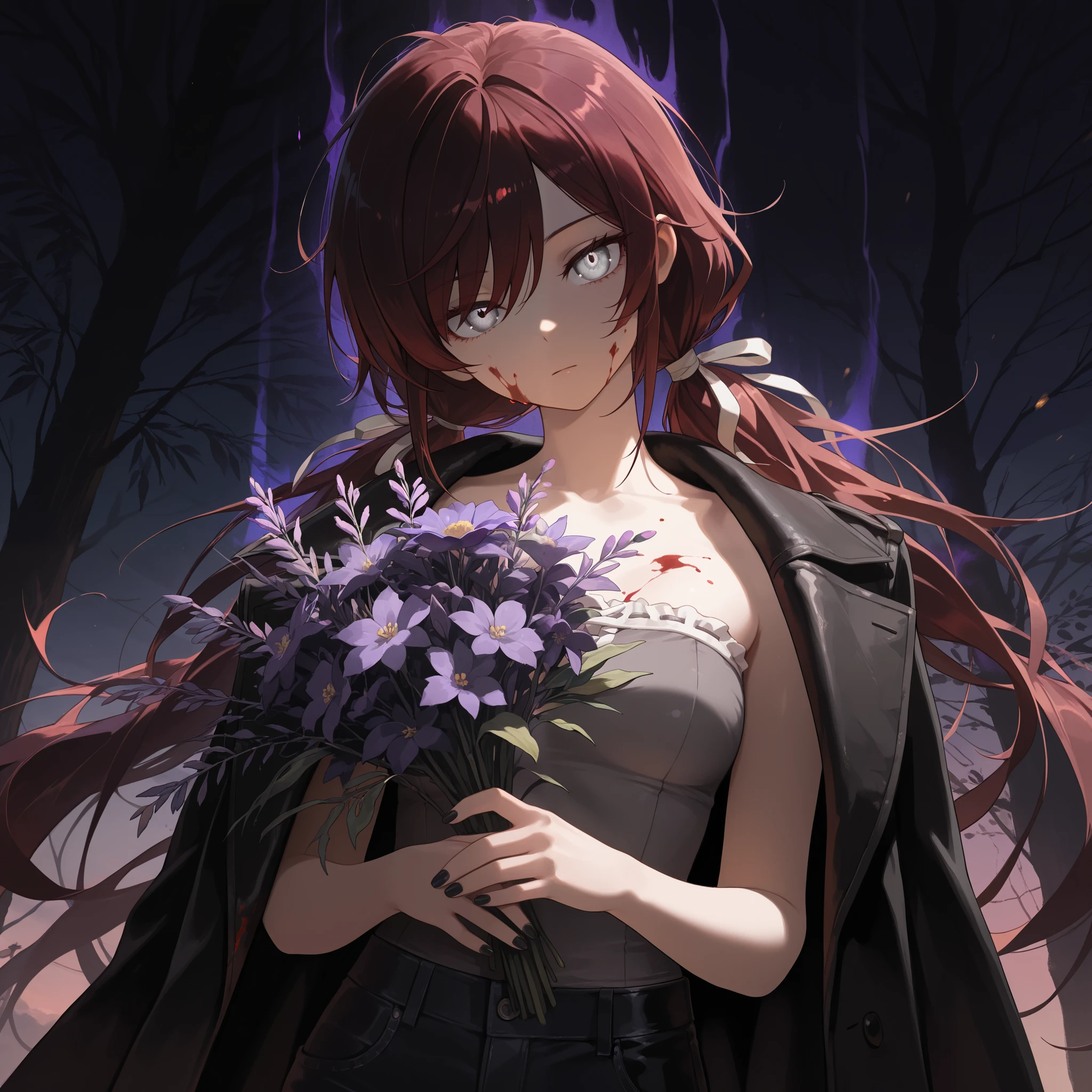(masterpiece:1.2, Best Quality), (finely detailed beautiful eye: 1.2), (beautiful detailed face), (masterpiece:1.2, Best Quality), (finely detailed beautiful eye: 1.2), (beautiful detailed face), solo, close up, dark aura, dark energy, bristly hair, glowing eyes, dark aura, shadowy aura, upper body, thin girl, holding bouquet of purple flowers, expressionless, :l, Gray eyes, lifeless eyes, blood on face, blood on clothes, head tilt, dark red hair, swept bangs, low twin tails, white ribbons, strapless sleeveless shirt, gray shirt, shirt with white trim, frill trim, black coat worn over shoulders, black jeans, black nails, thin thighs, thin legs, dusk, willow tree leaves, close up, messy hair, stoic, shadowy aura,